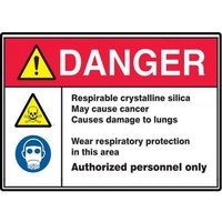 Accuform MRAW105VA 14"" x 20"" ANSI ISO Danger Safety Sign: Respirable Crystalline Silica May Cause Cancer - Causes Damage To Lungs - Wear Respiratory Protection In This Area, Aluminum