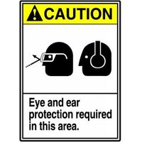 Accuform MRPE639VS 10"" x 7"" ANSI Caution Safety Sign: Eye And Ear Protection Required In This Area, Adhesive Vinyl
