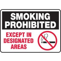 Accuform MSMK557VS 10"" x 14"" Smoking Control Sign: Smoking Prohibited - Except In Designated Areas, Adhesive Vinyl