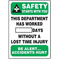 Accuform MSR128AL 20""x14"" ScoreBoard:Starts with You - This Department Has Worked _ Days without a Lost Time Injury - Be Alert Accidents Hurt