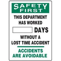 Accuform MSR134PL 20""x14"" OSHAFirst Write-A-Day ScoreBoard: This Department Has Worked _ Days without a Lost Time Accident - Accidents Are