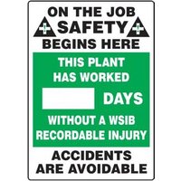 Accuform MSR138PL Write-A-Day ScoreBoard: on The JobBegins Here: This Plant Has Worked _ Days without a WSIB Recordable Injury - Accidents Are