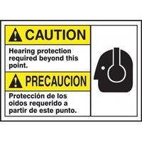 Accuform MTAS602XV 10""x14"" Spanish Bilingual ANSI Caution Visual AlertSign: Hearing Protection Required Beyond This Point Adhesive Dura-Vinyl