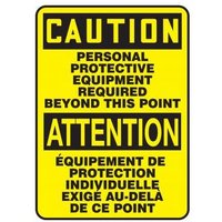 Accuform MTFC610VS 14"" x 10"" Bilingual OSHA Caution Safety Sign: Personal Protective Equipment Required Beyond This Point Adhesive Vinyl