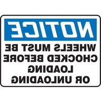 Accuform MTKC829VA 14"" x 20"" OSHA Notice Safety Sign: (Backwards) Wheels Must Be Chocked Before Loading or Unloading Aluminum