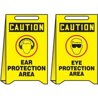 Accuform PFE440 20"" x 12"" OSHA Caution Reversible Fold-Up Floor Sign: Ear Protection Area - Eye Protection Area