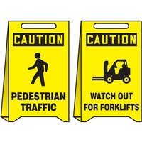 Accuform PFE446 20"" x 12"" OSHA Caution Reversible Fold-Up Floor Sign: Pedestrian Traffic - Watch Out for Forklifts
