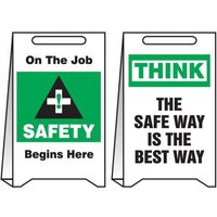 Accuform PFE448 20"" x 12"" Corrugated Plastic Reversible Fold-Ups Floor Sign: On The Job Safety Begins Here - Think The Safe Way Is The Best Way