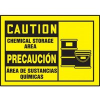 Accuform SBLCHL610XVE 3-1/2"" x 5"" Bilingual OSHA Caution Safety Label: Chemical Storage Area, Adhesive Dura Vinyl - Each