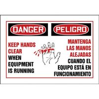 Accuform SBLEQM034VSP 3-1/2"" x 5"" Bilingual OSHA Danger Safety Label: Keep Hands Clear When Equipment Is Running, Adhesive Vinyl - 5 pack
