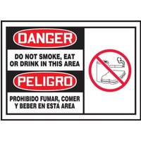 Accuform SBLSMK002VSP 3-1/2"" x 5"" Bilingual OSHA Danger Safety Label: Do Not Smoke, Eat Or Drink In This Area, Adhesive Vinyl - 5 pack