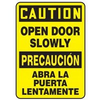 Accuform SBMABR607VS 14"" x 10"" Bilingual OSHA Caution Safety Sign: Open Door Slowly, Adhesive Vinyl