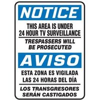 Accuform SBMASE812VP 14"" x 10"" Bilingual OSHA Notice Safety Sign: This Area Is Under 24 Hour Tv Surveillance, Plastic