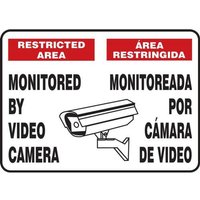 Accuform SBMASE903MVS 10"" x 14"" Bilingual Safety Sign: Restricted Area - Monitored By Video Camera, Adhesive Vinyl