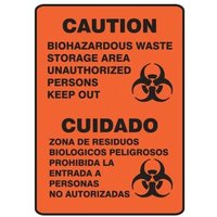 Accuform SBMBHZ532XL 14"" x 10"" Spanish Bilingual Safety Sign: Caution - Biohazardous Waste Storage Area Unauthorized Persons Keep Out, Aluma-Lite