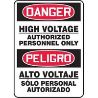 Accuform SBMELC187VS 14"" x 10"" Bilingual OSHA Danger Safety Sign: High Voltage - Authorized Personnel Only, Adhesive Vinyl