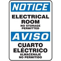 Accuform SBMELC804VA 14"" x 10"" Bilingual OSHA Notice Safety Sign: Electrical Room - No Storage Permitted, Aluminum