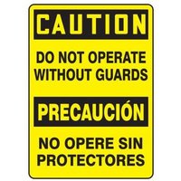 Accuform SBMEQC721XV 14"" x 10"" Bilingual OSHA Caution Safety Sign: Do Not Operate Without Guards, Adhesive Dura-Vinyl