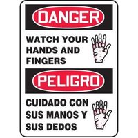 Accuform SBMEQM030VS 14"" x 10"" Bilingual OSHA Danger Safety Sign - Watch Your Hands And Fingers, Adhesive Vinyl