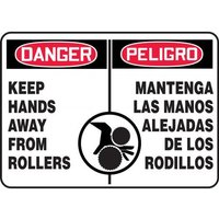 Accuform SBMEQM134MXT 10"" x 14"" Bilingual OSHA Danger Safety Sign: Keep Hands Away From Rollers, Dura-Plastic
