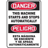 Accuform SBMEQM155VA 20"" x 14"" Bilingual OSHA Danger Safety Sign: This Machine Starts And Stops Automatically, Aluminum