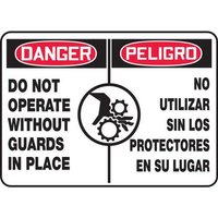 Accuform SBMEQM174VP 10"" x 14"" Bilingual OSHA Danger Safety Sign: Do Not Operate Without Guards In Place, Plastic