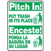 Accuform SBMHSK903XV 14"" x 10"" Bilingual Safety Sign: Pitch In! - Put Trash In Its Place, Adhesive Dura-Vinyl