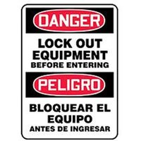 Accuform SBMLKT025XL 20"" x 14"" Spanish Bilingual OSHA Danger Safety Sign: Lock Out Equipment Before Entering