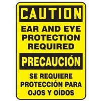 Accuform SBMPPA608XP 14"" x 10"" Bilingual OSHA Caution Safety Sign: Ear And Eye Protection Required, Accu-Shield