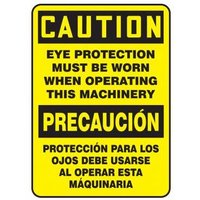 Accuform SBMPPA610VS 14"" x 10"" Bilingual OSHA Caution Safety Sign: Eye Protection Must Be Worn When Operating This Machinery, Adhesive Vinyl