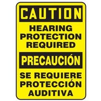 Accuform SBMPPA630VS 14"" x 10"" Bilingual Spanish OSHA Caution Safety Sign: Hearing Protection Required, Adhesive Vinyl