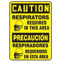 Accuform SBMPPA652XV 14"" x 10"" Bilingual OSHA Caution Safety Sign: Respirators Required In This Area, Adhesive Dura-Vinyl