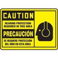 Accuform SBMPPE409MVS 10"" x 14"" Bilingual OSHA Caution Safety Sign: Hearing Protection Required In This Area, Adhesive Vinyl