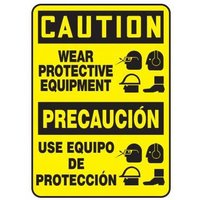 Accuform SBMPPE755XT 14"" x 10"" Bilingual OSHA Caution Safety Sign: Wear Protective Equipment, Dura-Plastic