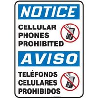 Accuform SBMRFQ825VS 14"" x 10"" Bilingual OSHA Notice Safety Sign: Cell Phones Prohibited, Adhesive Vinyl