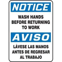 Accuform SBMRST822VA 20"" x 14"" Spanish Bilingual OSHA Notice Safety Sign: Wash Hands Before Returning To Work, Aluminum