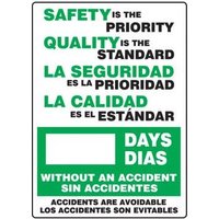 Accuform SBMSR249AL 28"" x 20"" Bilingual Write-a-Day Scoreboards: Safety Is the Priority - Quality Is The Standard - _ Days Without An Accident - Accidents Are Avoidable, Aluminum