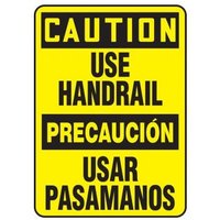 Accuform SBMSTF630XL 20"" x 14"" Bilingual OSHA Caution Safety Sign: Use Handrail, Aluma-Lite