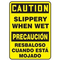 Accuform SBMSTF642XL 14"" x 10"" Bilingual OSHA Caution Safety Sign: Slippery When Wet, Aluma-Lite