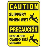 Accuform SBMSTF674VS 14"" x 10"" Bilingual OSHA Caution Safety Sign: Slippery When Wet, Adhesive Vinyl