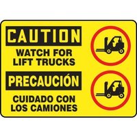 Accuform SBMVHR684MXT 10"" x 14"" Bilingual OSHA Caution Safety Sign: Watch For Lift Trucks, Dura-Plastic