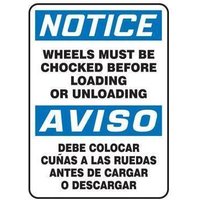 Accuform SBMVHR842VP 14"" x 10"" Bilingual OSHA Notice Safety Sign: Wheels Must Be Chocked Before Loading Or Unloading, Plastic