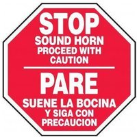 Accuform SBMVTR503VA 18"" Octagon Bilingual Safety Sign: Sound Horn - Proceed with Caution, Aluminum