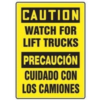Accuform SBMVTR603VS 14"" x 10"" Bilingual OSHA Caution Safety Sign: Watch For Lift Trucks, Adhesive Vinyl