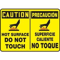 Accuform SBMWLD608MXV 10"" x 14"" Bilingual OSHA Caution Safety Sign: Hot Surface - Do Not Touch, Adhesive Dura-Vinyl