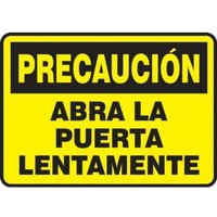 Accuform SHMABR610VA 14"" x 20"" OSHA Caution Safety Sign: Open Door Slowly, Aluminum, Spanish