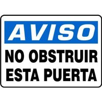 Accuform SHMABR822VP 14"" x 20"" OSHA Notice Safety Sign: Do Not Block This Door, Plastic, Spanish