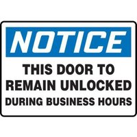 Accuform SHMADC809XL 14"" x 20"" OSHA Notice Safety Sign: This Door To Remain Unlocked During Business Hours, Aluma-Lite, Spanish