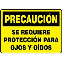 Accuform SHMPPE443VP 14"" x 20"" OSHA Caution Safety Sign: Ear and Eye Protection Required