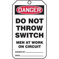 Mini Safety Tags, DANGER DO NOT THROW SWITCH MEN AT WORK ON CIRCUIT, 4.25in x 2.125in, 25PK